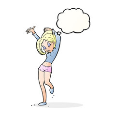 cartoon pretty woman dancing with thought bubble