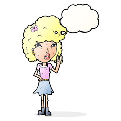 cartoon woman waving with thought bubble