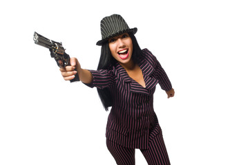 Gangster woman with gun isolated on white