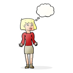 cartoon woman shrugging shoulders with thought bubble