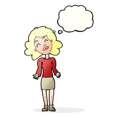 cartoon woman shrugging shoulders with thought bubble