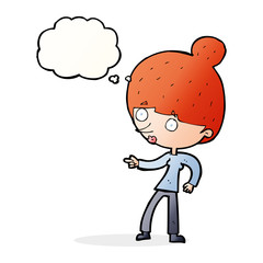 cartoon woman pointing with thought bubble