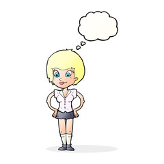 cartoon pretty woman with hands on hips with thought bubble