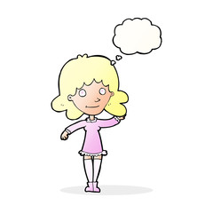 cartoon friendly woman waving with thought bubble