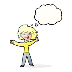 cartoon excited woman waving with thought bubble