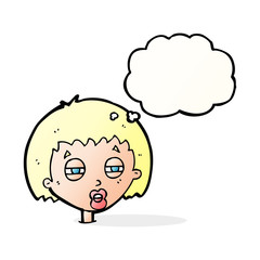 cartoon woman narrowing eyes with thought bubble