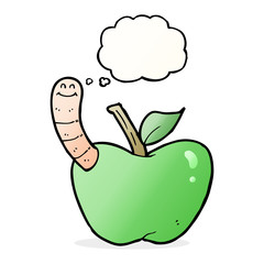 cartoon apple with worm with thought bubble