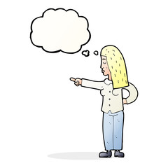 cartoon woman pointing with thought bubble