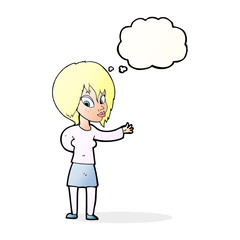 cartoon woman making welcome gesture with thought bubble