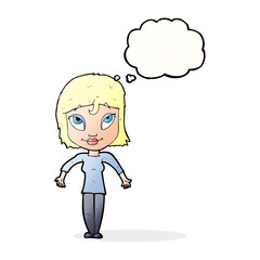 cartoon girl shrugging shoulders with thought bubble