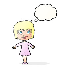 cartoon girl shrugging shoulders with thought bubble