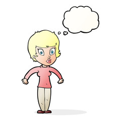 cartoon woman shrugging shoulders with thought bubble