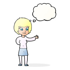 cartoon welcoming woman with thought bubble