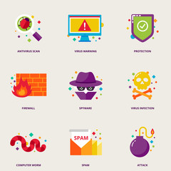 Computer virus vector icons set