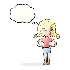 cartoon pretty girl with hands on hips with thought bubble