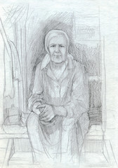 Grandmother sitting on the front porch, sketch pencil