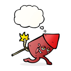 cartoon funny firework character with thought bubble
