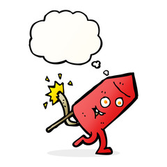 cartoon funny firework character with thought bubble