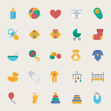 Baby vector icons set, flat style