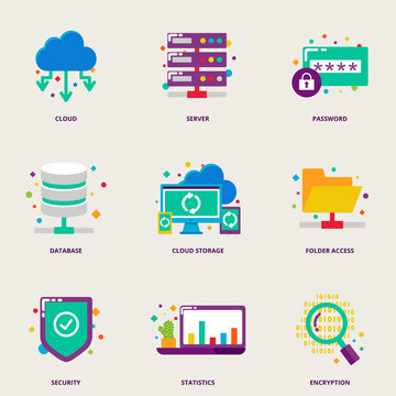 Cloud computing and network colorful vector icons set