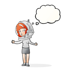 cartoon woman wearing astronaut helmet with thought bubble
