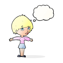 cartoon woman with open arms with thought bubble