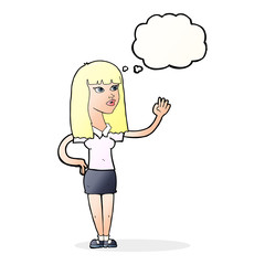 cartoon pretty woman waving with thought bubble