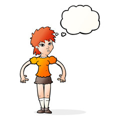 cartoon curious woman with thought bubble