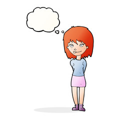 cartoon happy woman with thought bubble