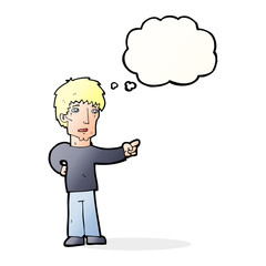 cartoon pointing man with thought bubble