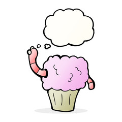 cartoon worm in cupcake with thought bubble