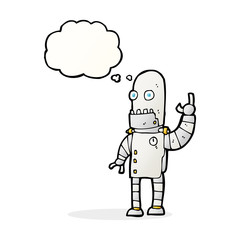 cartoon waving robot with thought bubble