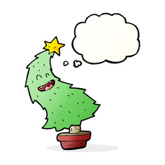 cartoon dancing christmas tree with thought bubble