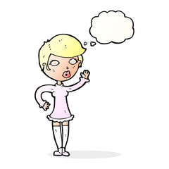 cartoon pretty woman waving with thought bubble