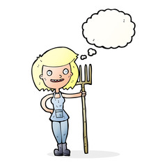 cartoon happy farmer girl with thought bubble