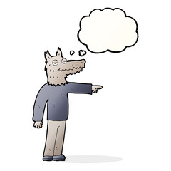 cartoon wolf man pointing with thought bubble