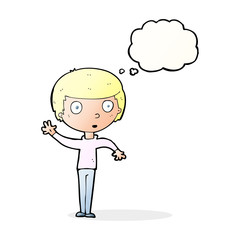 cartoon waving boy with thought bubble