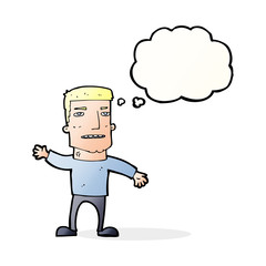 cartoon waving stressed man with thought bubble