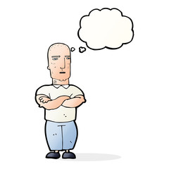 cartoon annoyed bald man with thought bubble