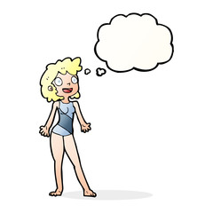 cartoon woman in swimming costume with thought bubble