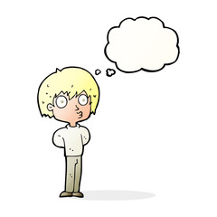 cartoon impressed boy with thought bubble