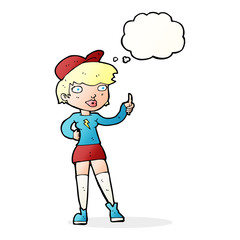 cartoon skater girl giving thumbs up symbol with thought bubble