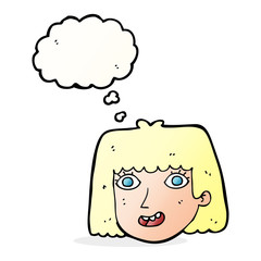 cartoon happy female face with thought bubble