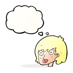 cartoon happy female face with thought bubble