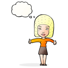 cartoon woman giving thumbs up symbol with thought bubble