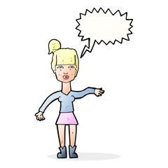 cartoon woman making dismissive gesture with thought bubble