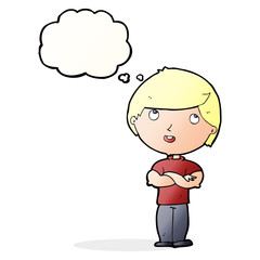 cartoon happy man with folded arm with thought bubble