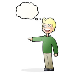 cartoon man pointing and laughing with thought bubble