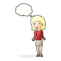 cartoon woman shrugging shoulders with thought bubble