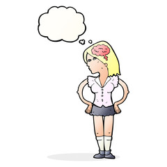 cartoon intelligent woman with thought bubble